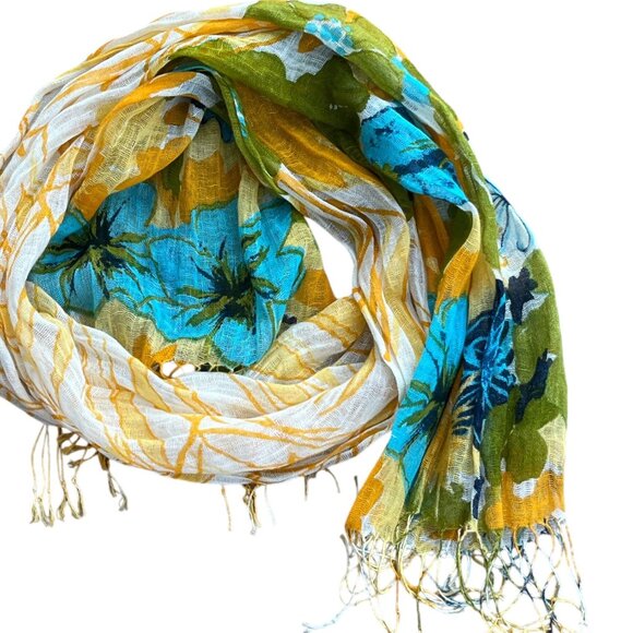Gorgeous Floral Sheer Lightweight Scarf With Tassels In Yellow Green & Blue - Picture 6 of 7